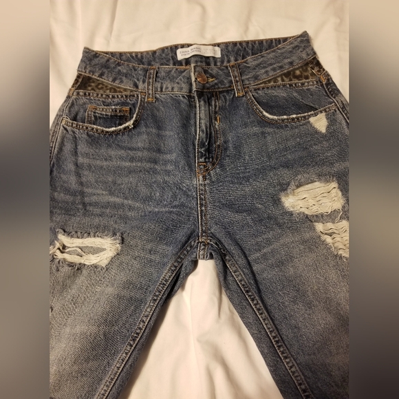 Zara Basic Z1975 Denim Leopard Waist Crop Ripped Jeans Blue Size 00 - Picture 5 of 8